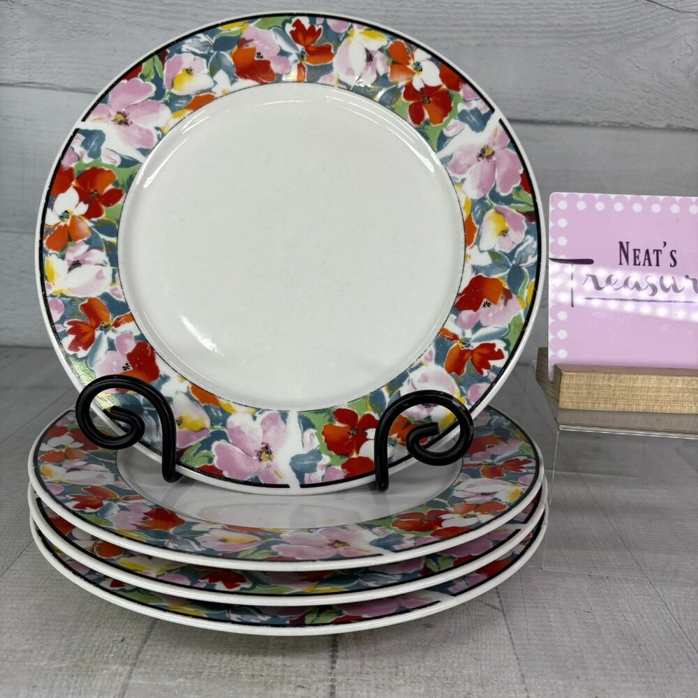 China Pearl DAISY Red Pink Blue Yellow Floral Rim Fine China Dinner Plates Set 4